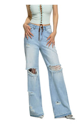 Distressed Straight-Leg Wide-Leg Jeans - CHINASQUAD