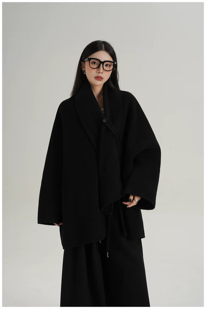 Scarf-Detail Mid-Length Wool Jacket