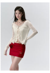 "I LOVE ME" Embroidered Rose Belt A-Line Mini Skirt - CHINASQUAD