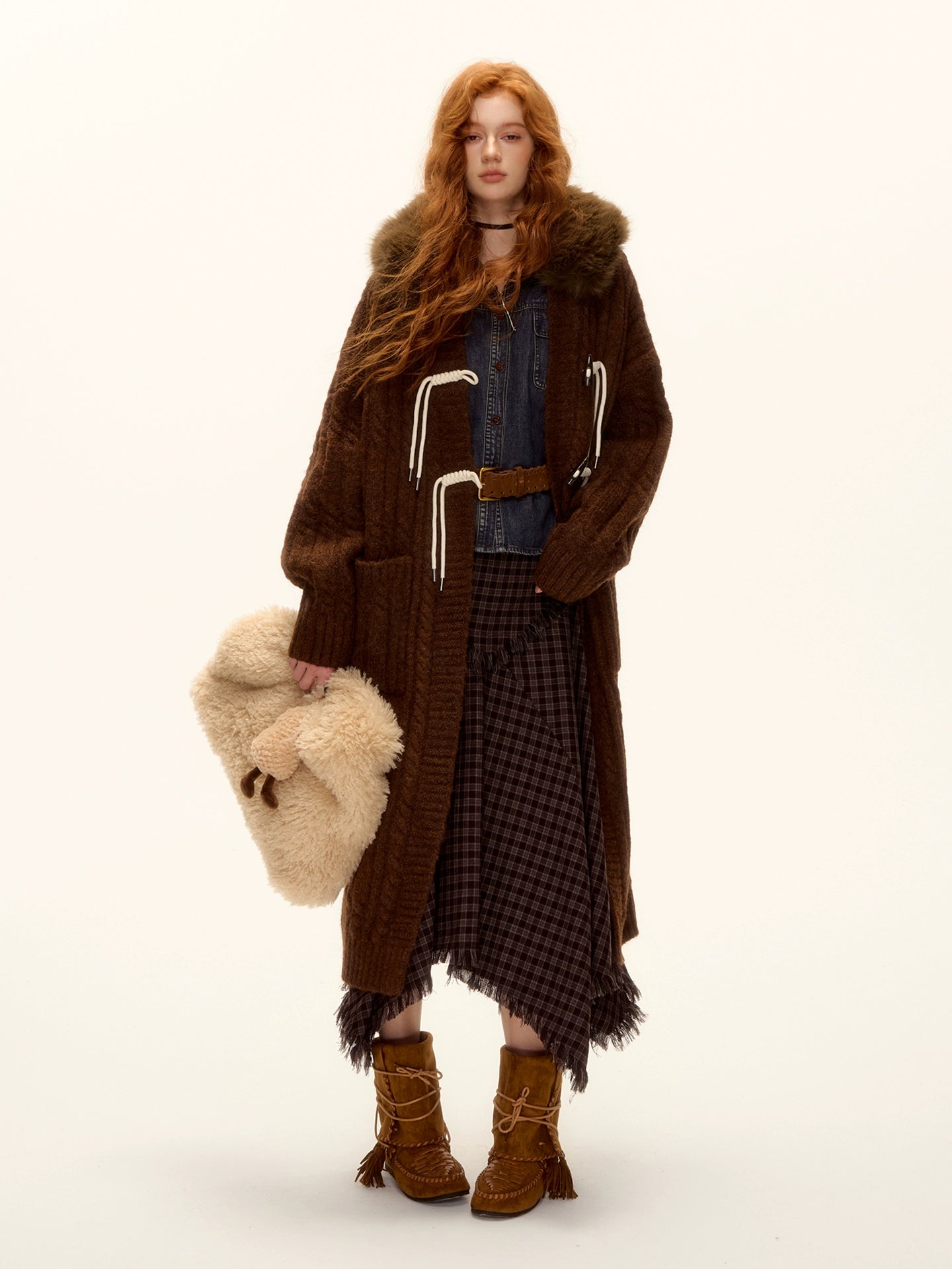 Detachable Fur Collar Cable-Knit Duffle Coat
