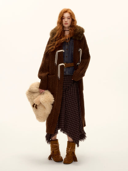 Detachable Fur Collar Cable-Knit Duffle Coat