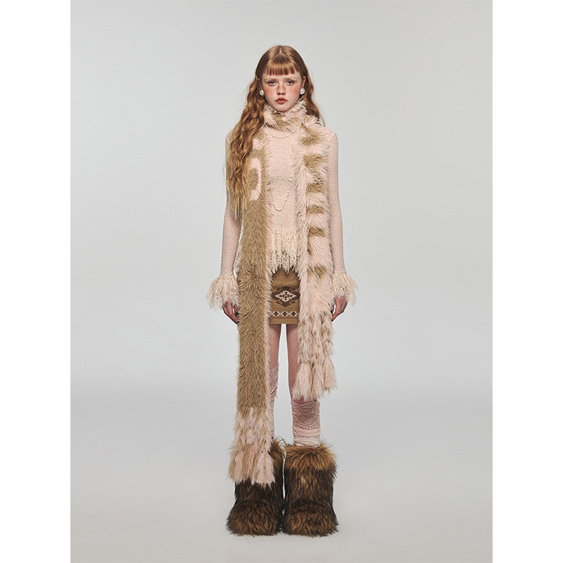 Letter Tassel Mink Fur Embossed Scarf - CHINASQUAD