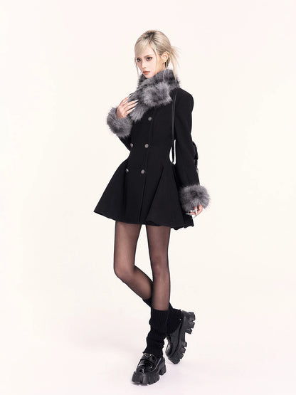 Fur-Collar Waist-Cinching Wool Coat Dress