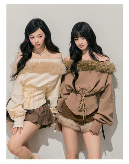 French Off-Shoulder Fuzzy Knit T-Shirt