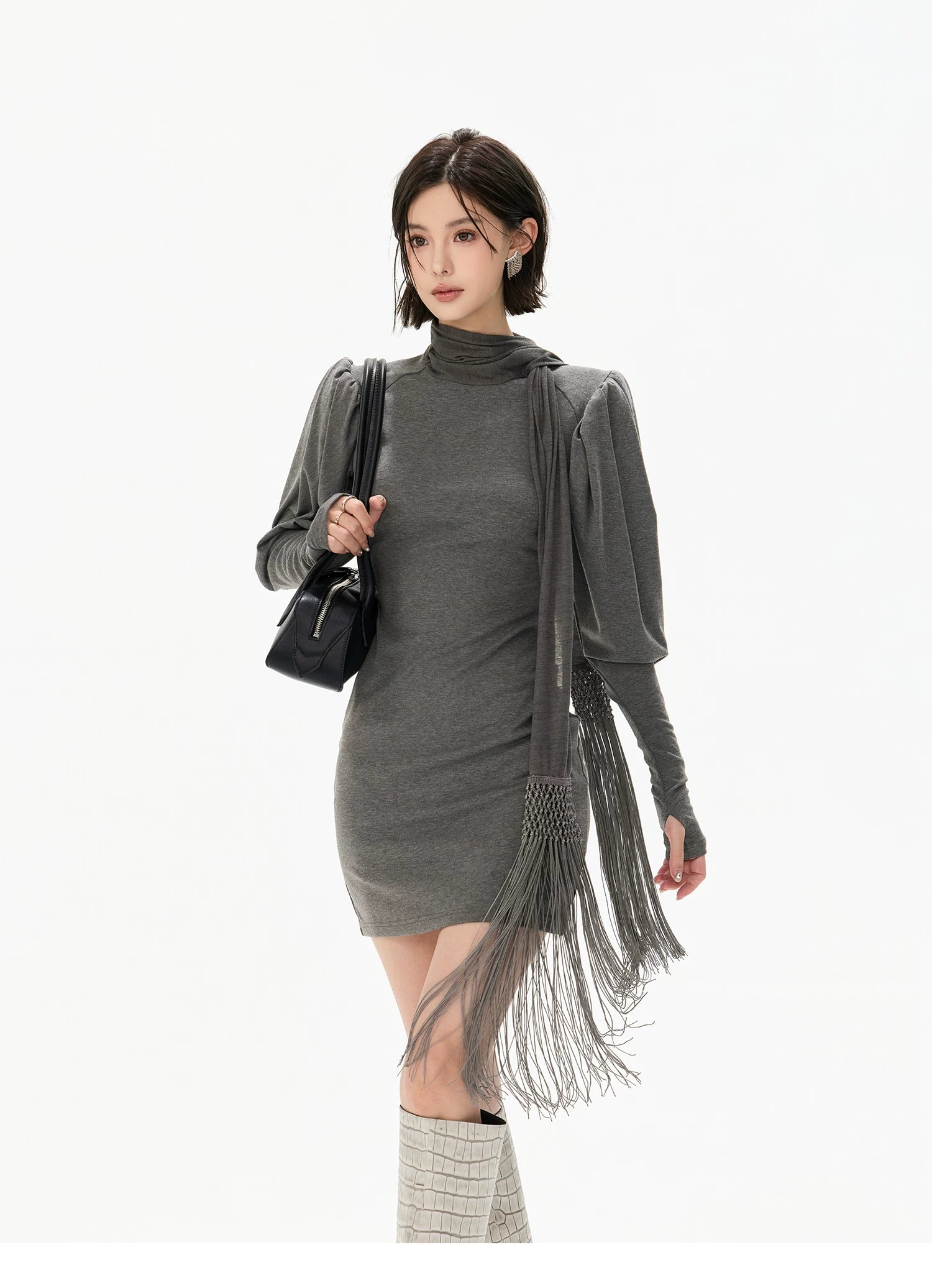 Minimalist Draped Turtleneck Knit Mini Dress with Tassel Ties