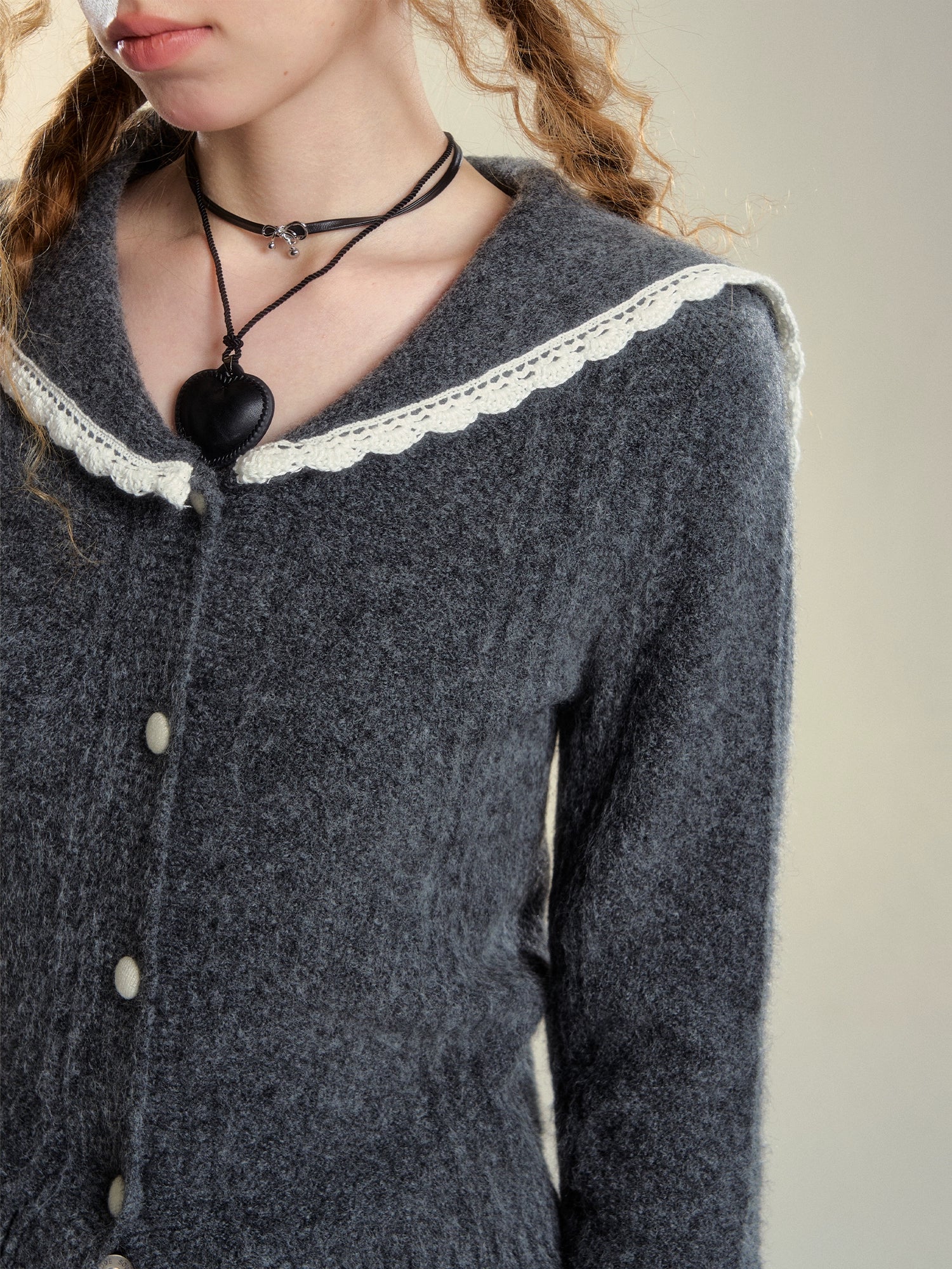 Sailor Collar Lace Trim Knitted Cardigan 