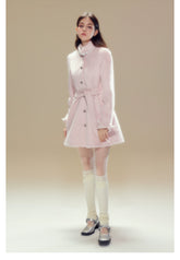 Pink Wool Lace Trim Waist Belted Coat - CHINASQUAD