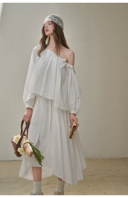 “Good Weather” Embroidered Cotton Blouse &amp; Skirt Set