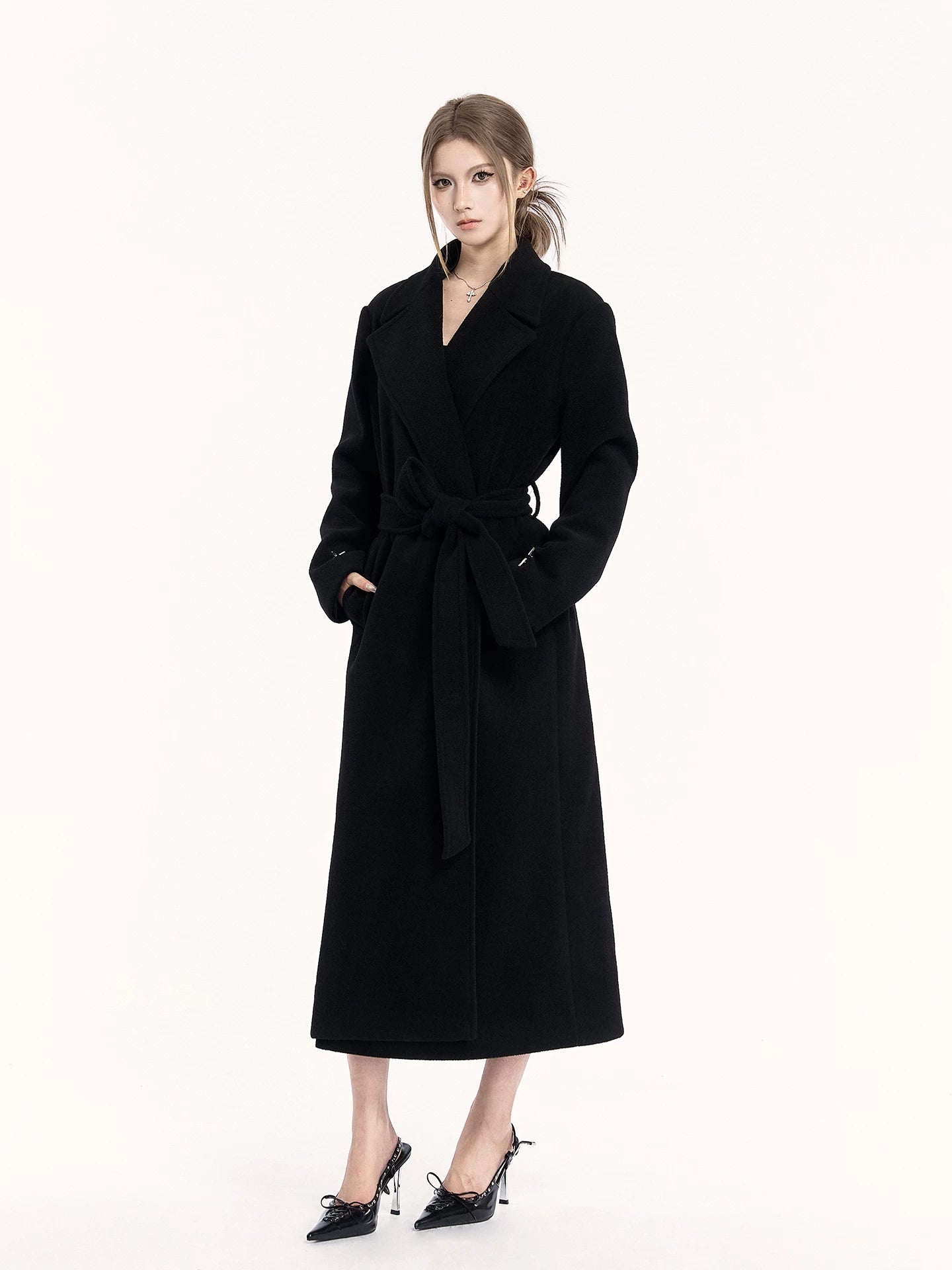 Padded-Shoulder Wool-Blend Long Coat