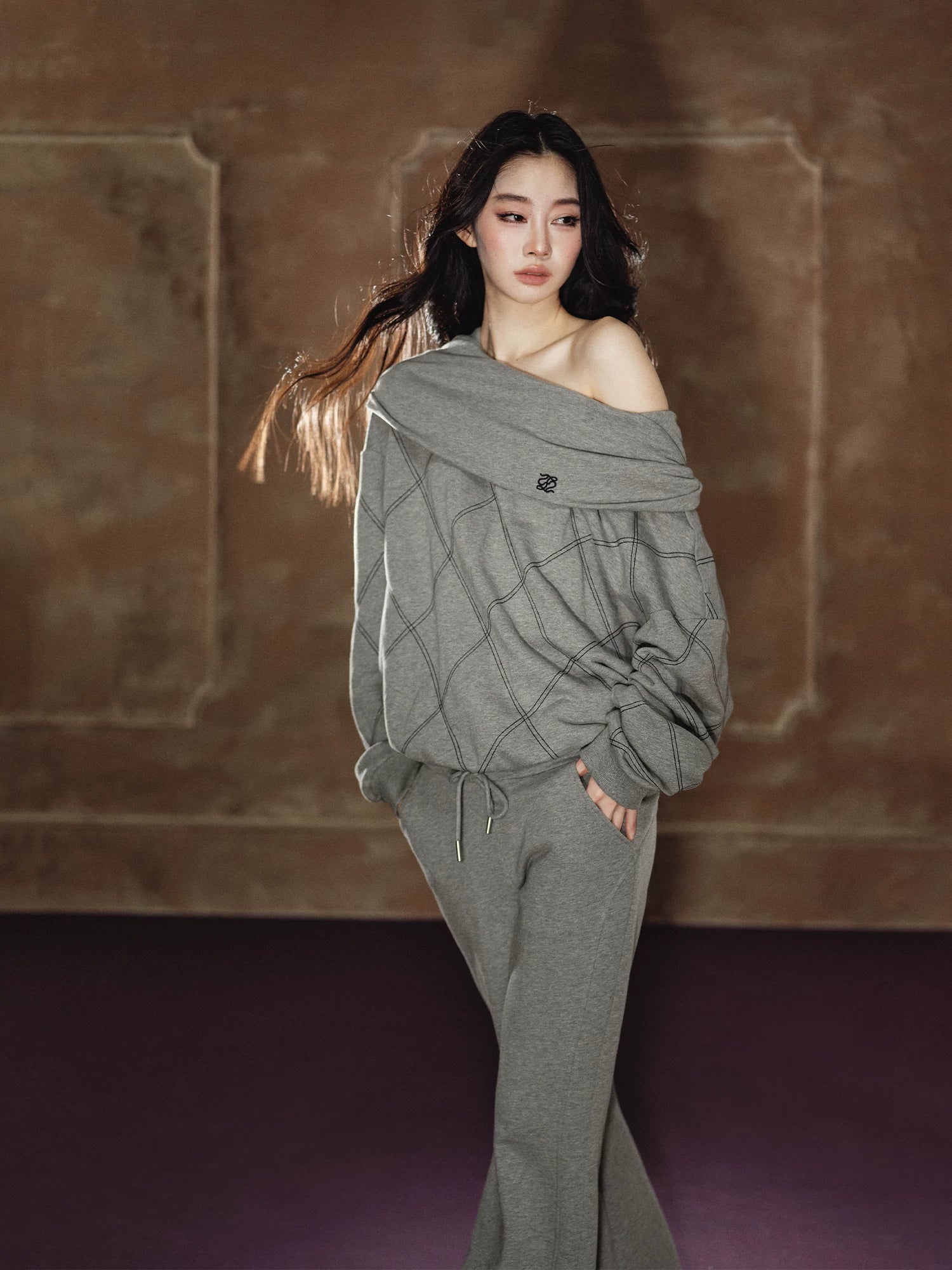 Off-Shoulder Sweatshirt &amp; Flared Wide-Leg Sweatpants Set