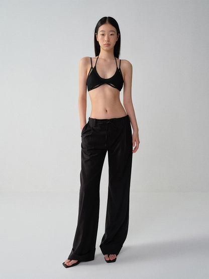 Black-Red Striped Cuffed Suit Wide-Leg Pants