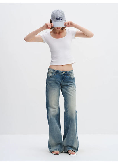 Lace Trim Scoop Neck Fitted Cotton T-Shirt