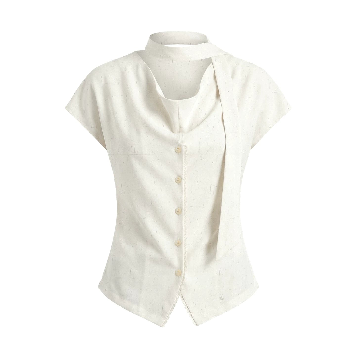 Linen Blend Lace Trim Draped Neck Tie-Waist Blouse