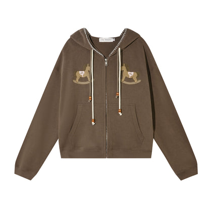 Embroidered Horse Beaded Zip-up Hoodie &amp; Pants Set