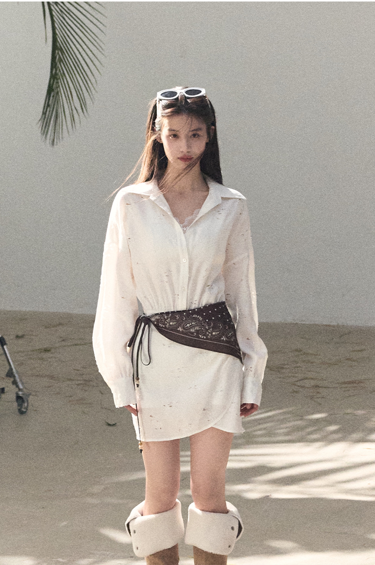 Waist-Cinched Long-Sleeve Shirt Dress