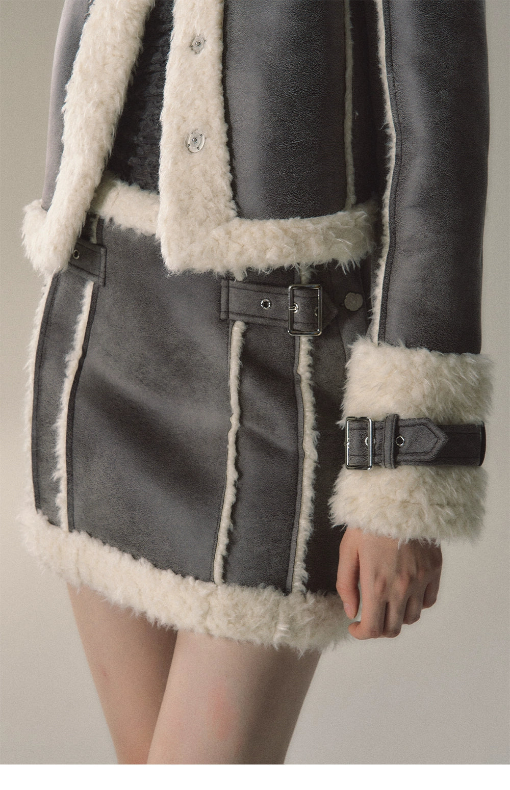 Grey Short Plush Shearling Jacket &amp; Skirt Set - CHINASQUAD