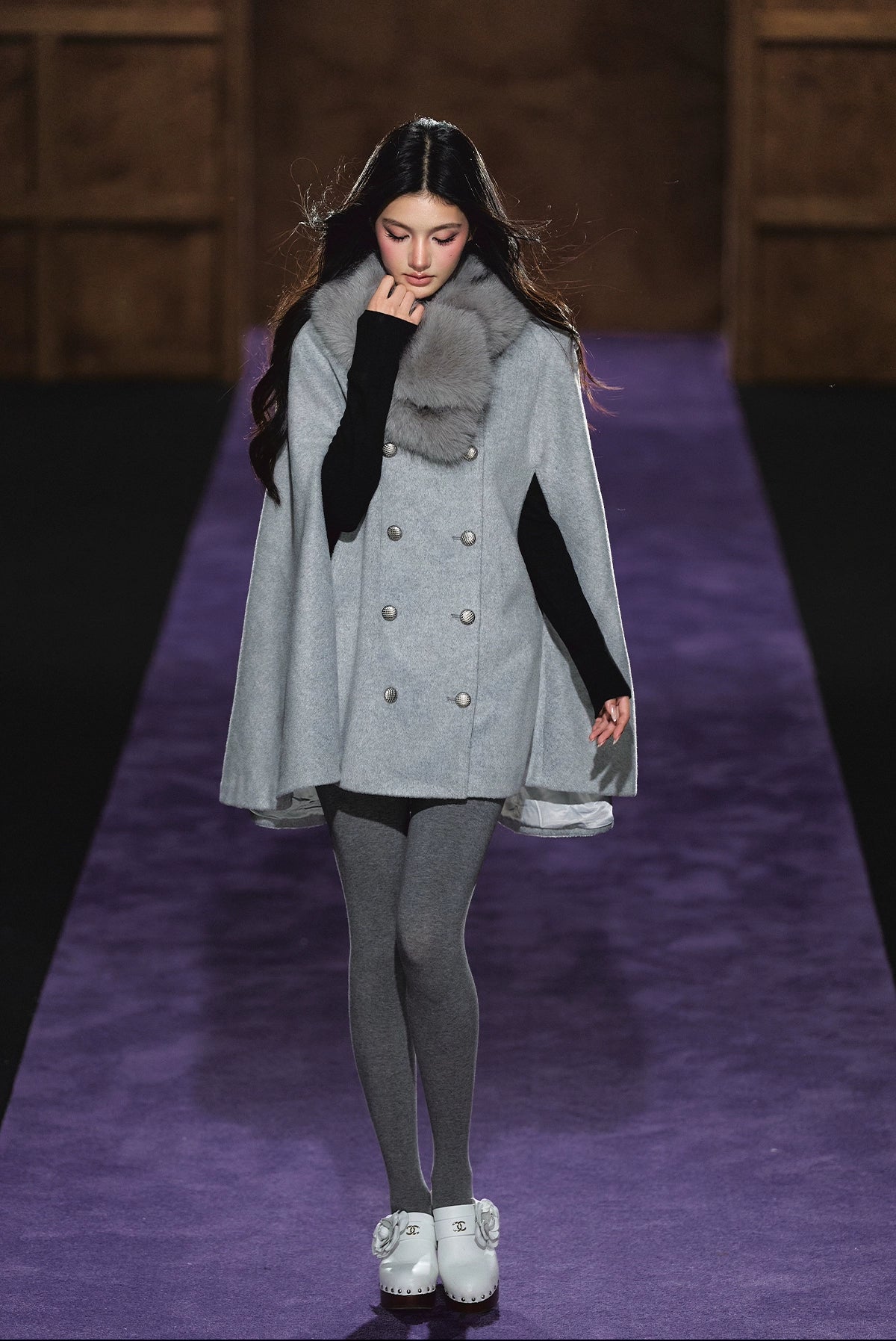 Wool-Blend Detachable Fur-Collar Cape Coat