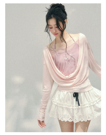 Rose Embroidery Draped Blouse Set