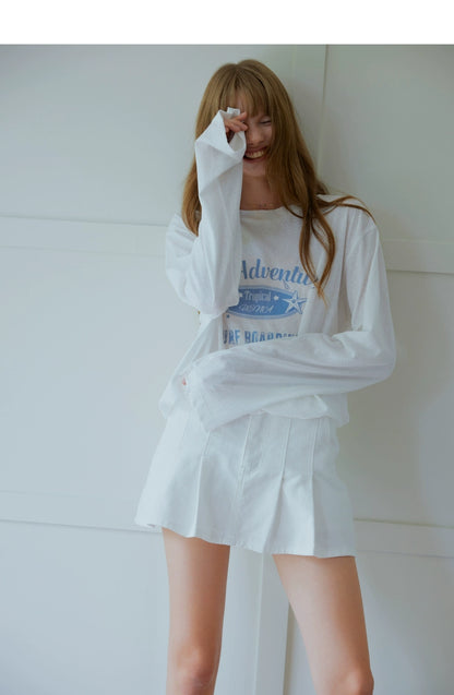 White Letter Print Round Neck Long Sleeve T-shirt