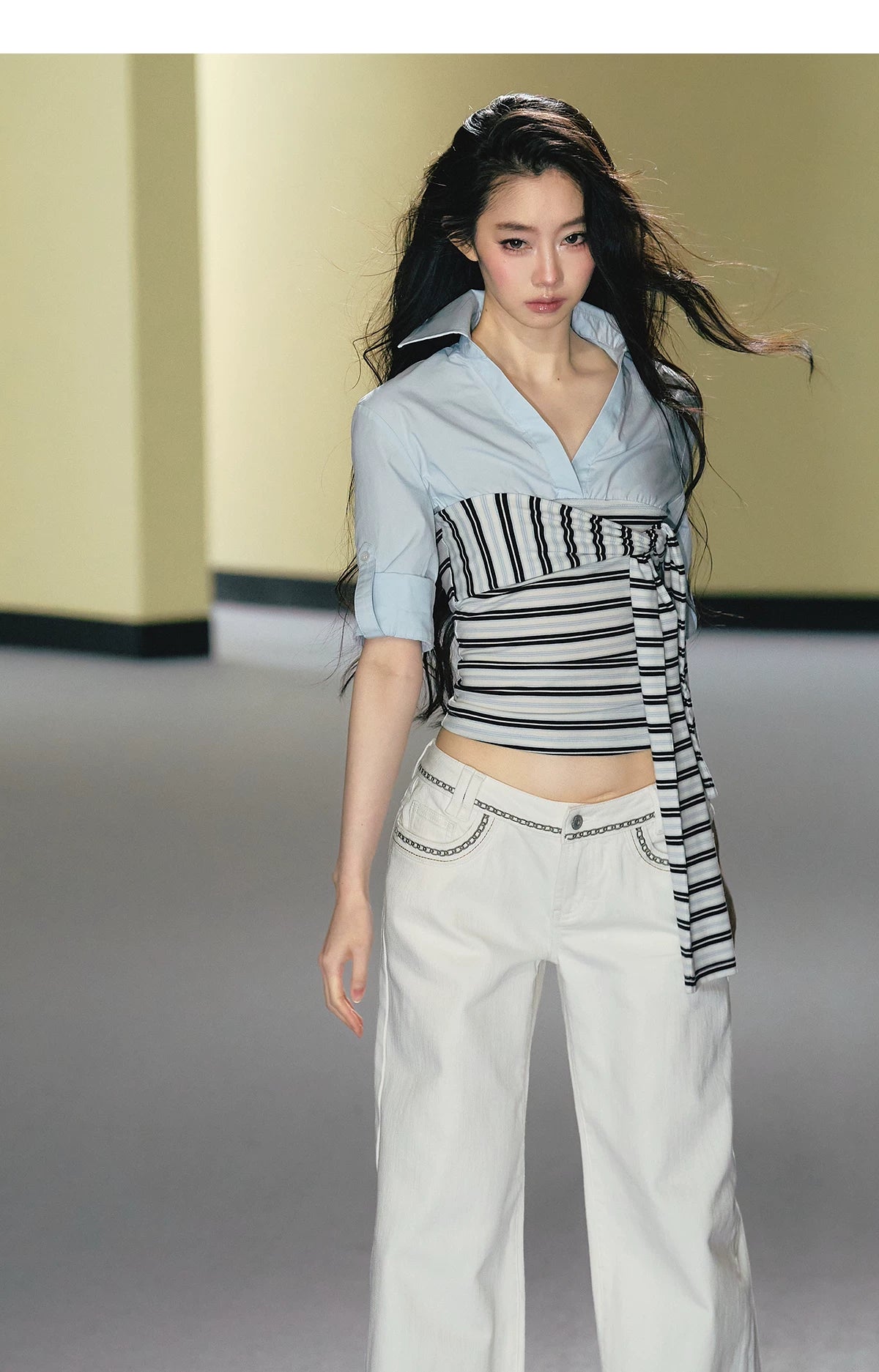 Layered Contrast Tie-Waist Shirt Top