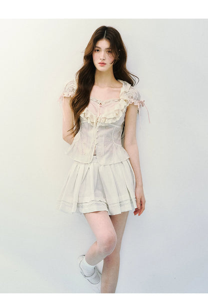 Layered Lace Lyocell Puff Sleeve Blouse