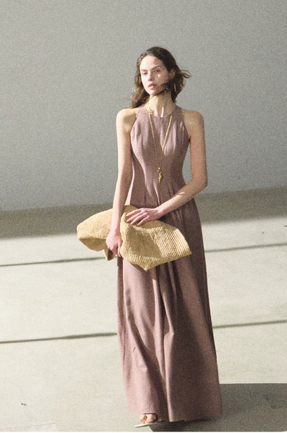 Golden Thread Linen-Blend Sleeveless A-Line Maxi Dress