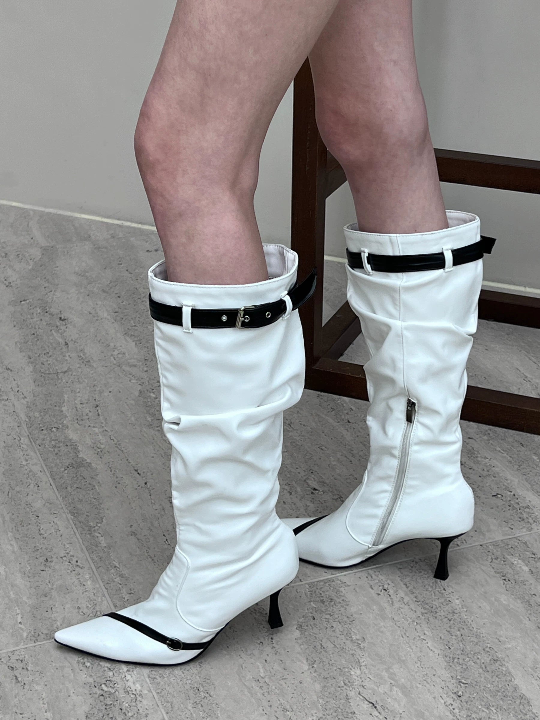 Contrast Pointed-Toe Stiletto Knee-High Boots