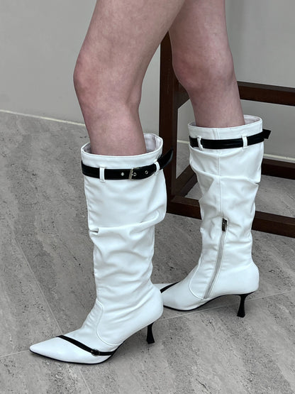 Contrast Pointed-Toe Stiletto Knee-High Boots