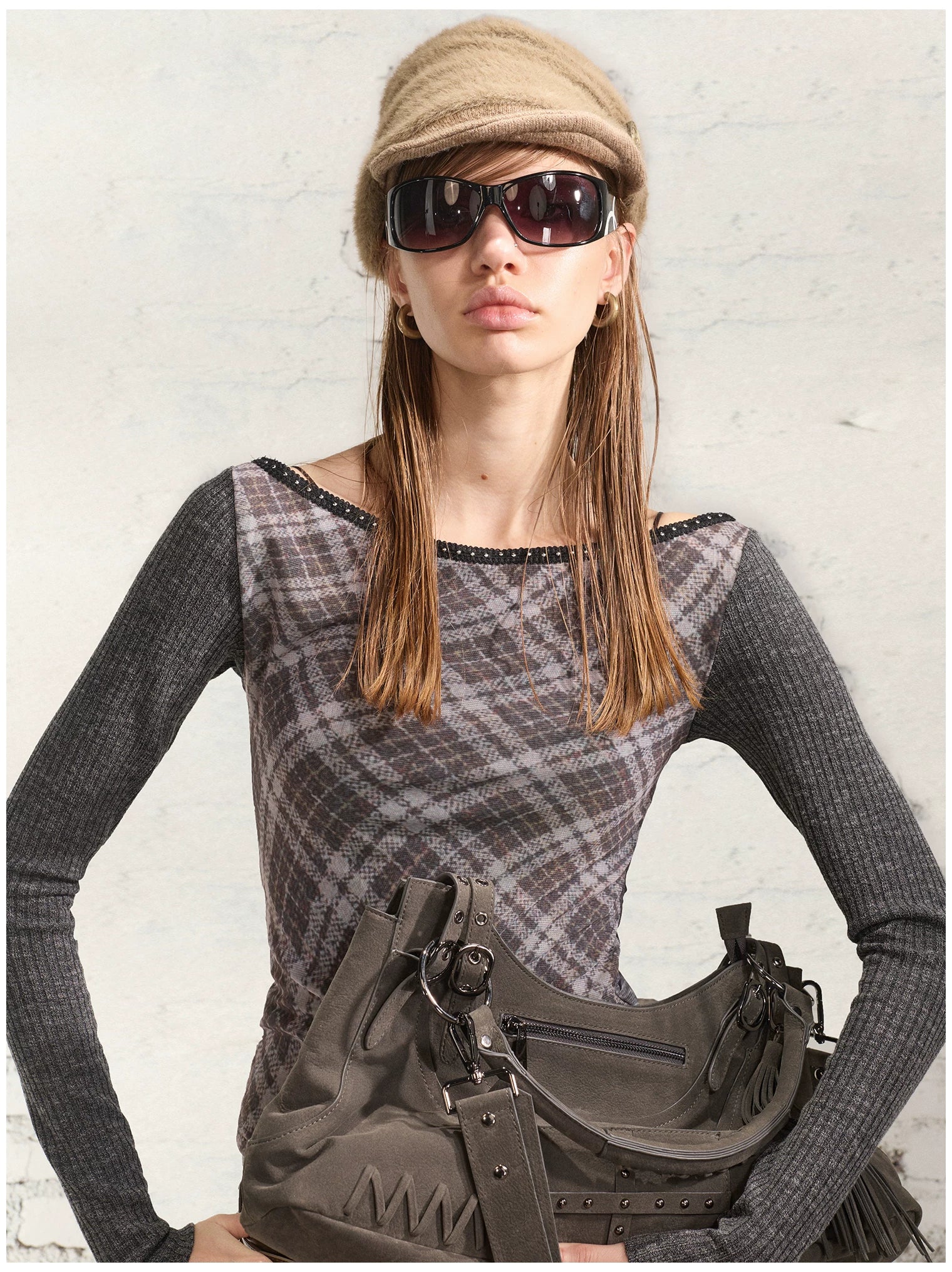 Reversible Face Print Henley Studded Sleeve Base Top