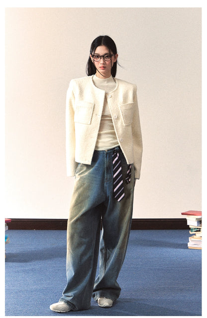 White Crewneck Elegant Chanel-Style Jacket