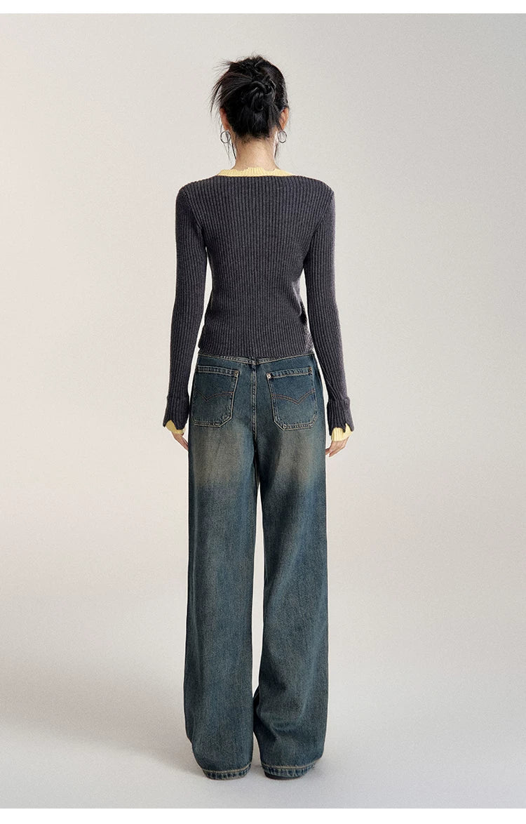Gray Contrast Color Layered Knit Top