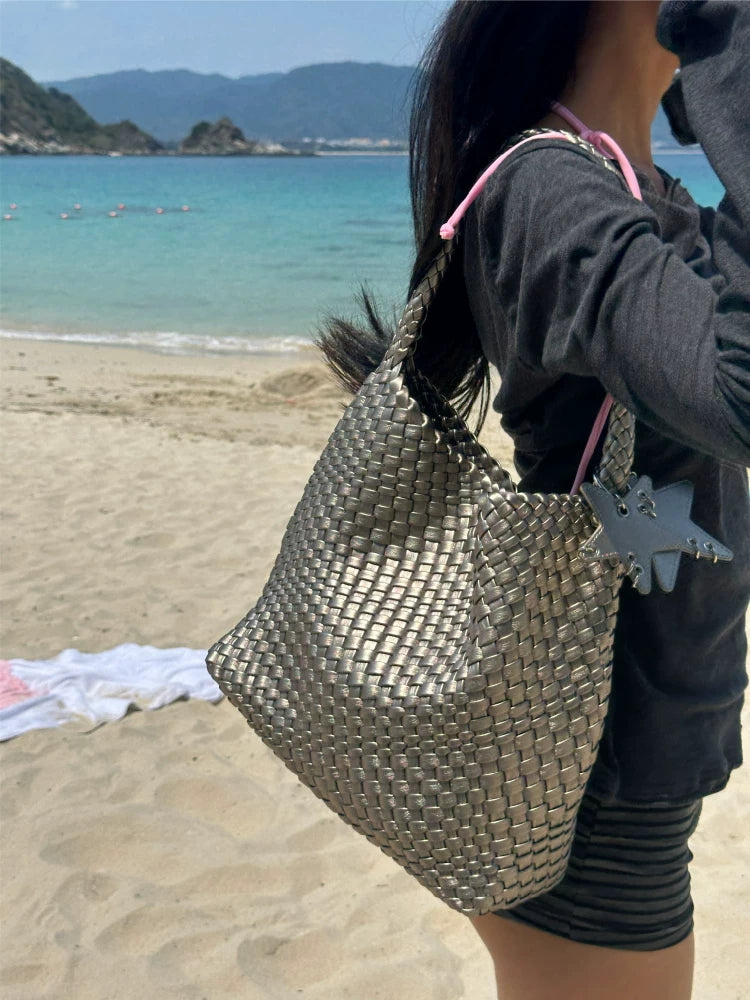 Medium Woven Tote Shoulder Bag ECODAY