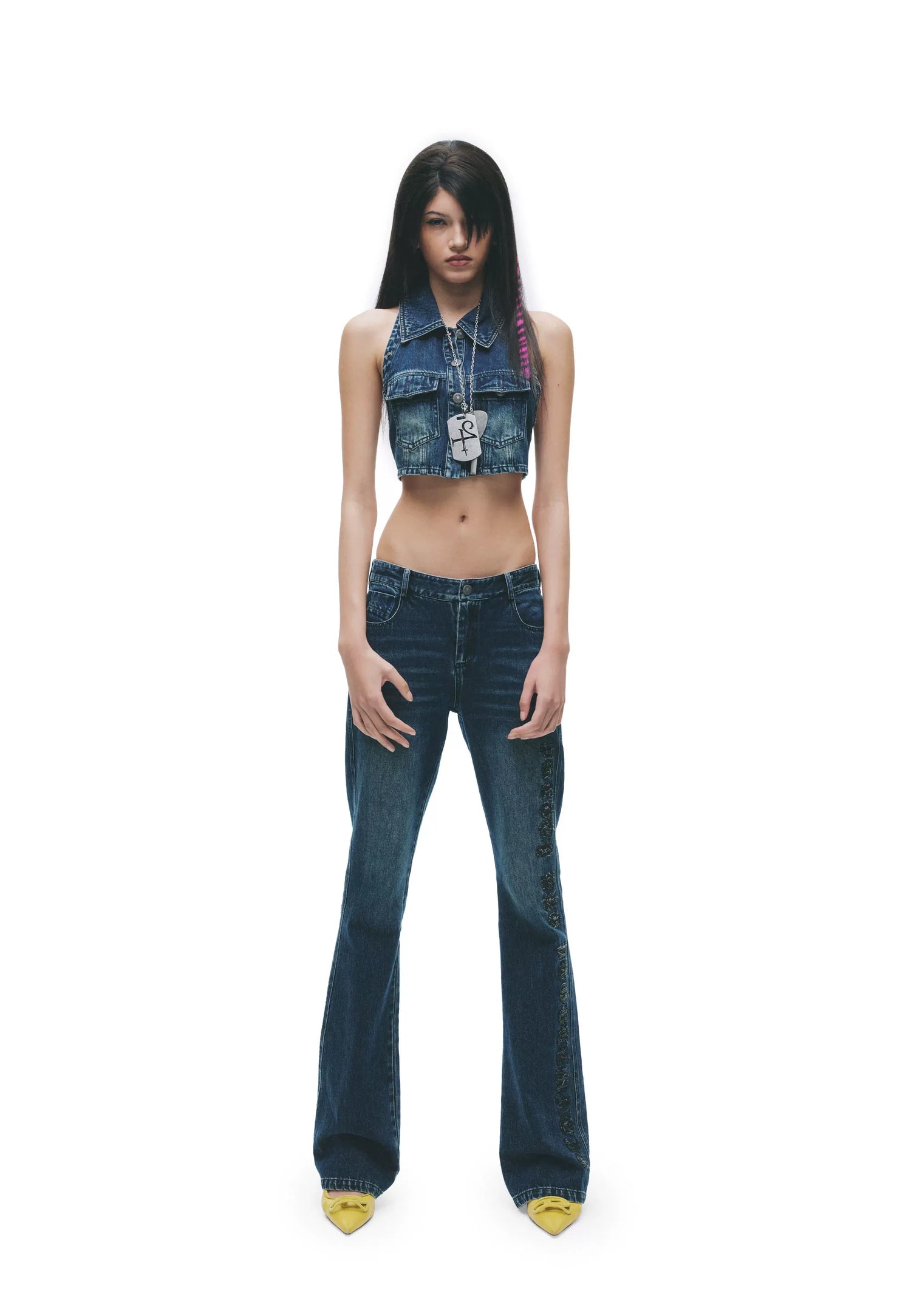 Y2K Washed Denim Cropped Set with Embroidered Patch Detail