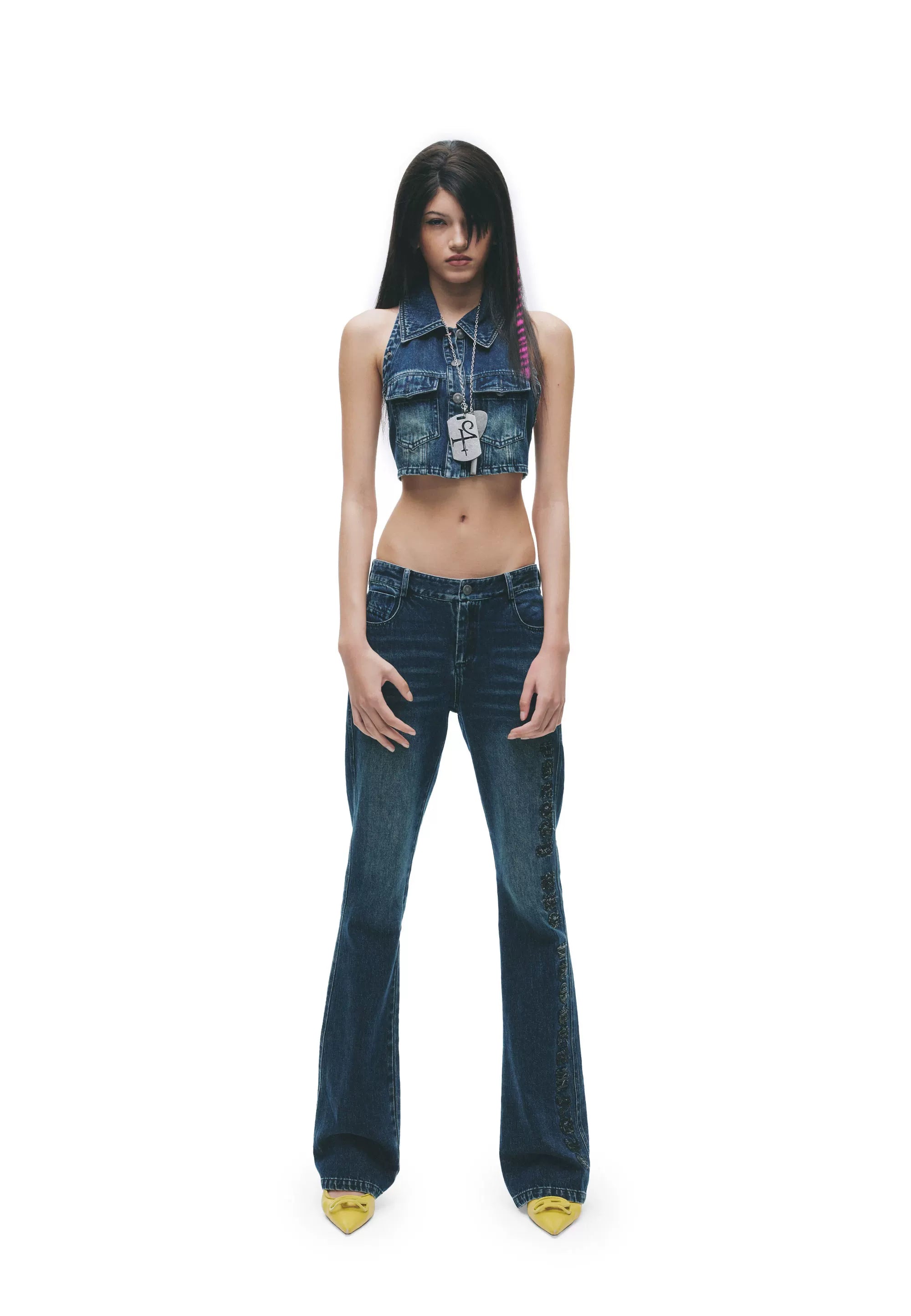 Y2K Washed Denim Cropped Set with Embroidered Patch Detail