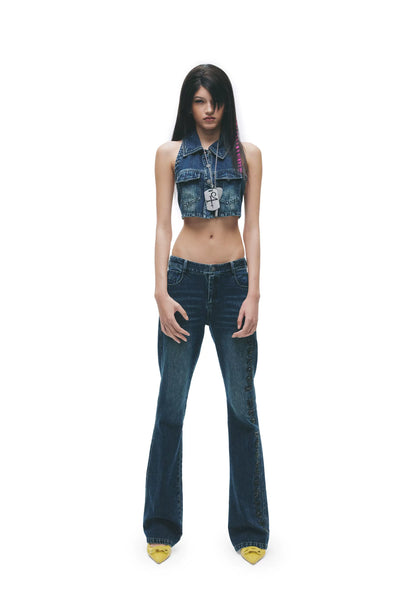 Y2K Washed Denim Cropped Set with Embroidered Patch Detail