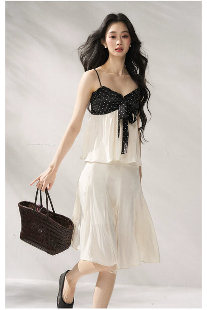 Polka Dot Camisole &amp; Bow Detail Midi Skirt Set