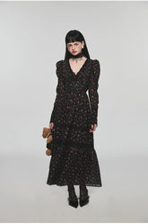 Bear Floral Lace Waist-cinching V-neck Midi Dress - CHINASQUAD