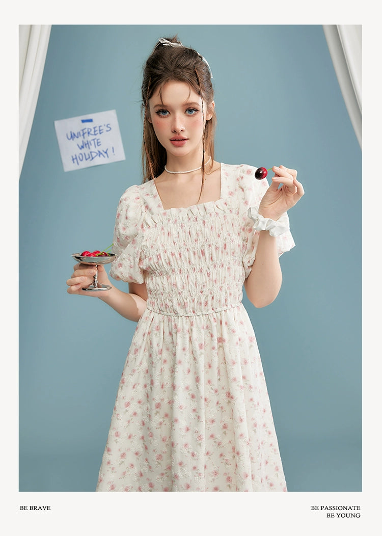 Pink Floral Square-neck Puff Sleeve A-line Dress