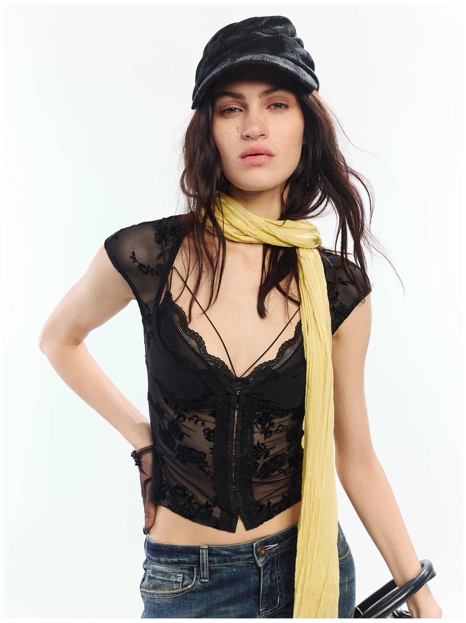 Flocked Floral Lace Flutter Sleeve Fitted Two-Piece Set