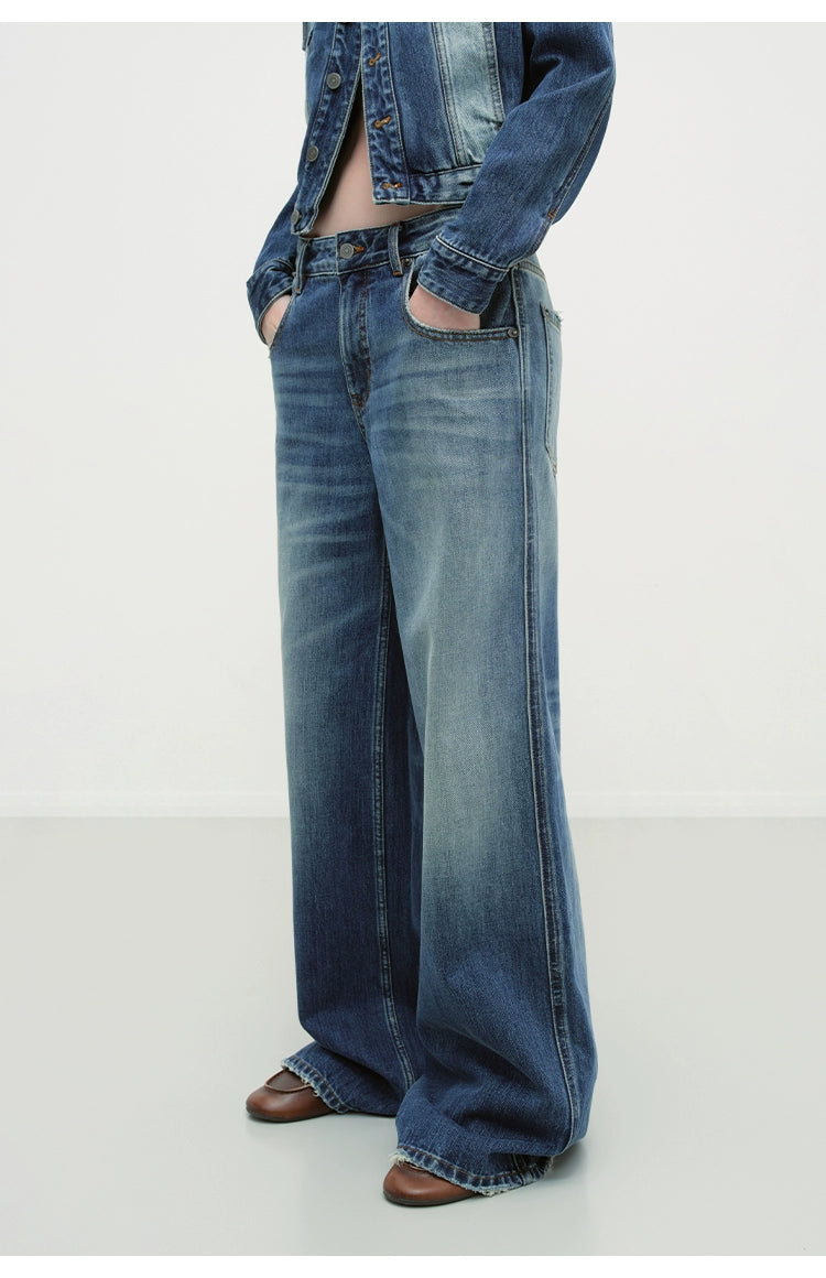 Vintage Blue Washed Wide-Leg Jeans - CHINASQUAD