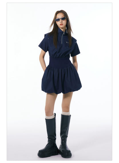 Beige &amp; Navy Blue Stand Collar Mini Dress - CHINASQUAD