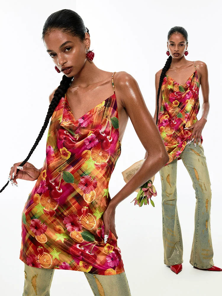 ”Summer Fruit“ Chain Backless Satin Spaghetti Strap Dress - CHINASQUAD