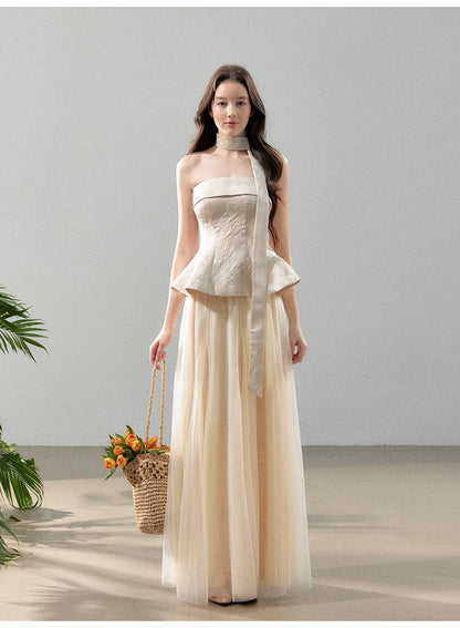 Floral Jacquard Corset Top &amp; Sheer Mesh Skirt Set
