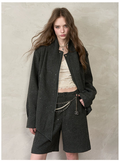 Wool Blend Scarf Detail Relaxed Jacket