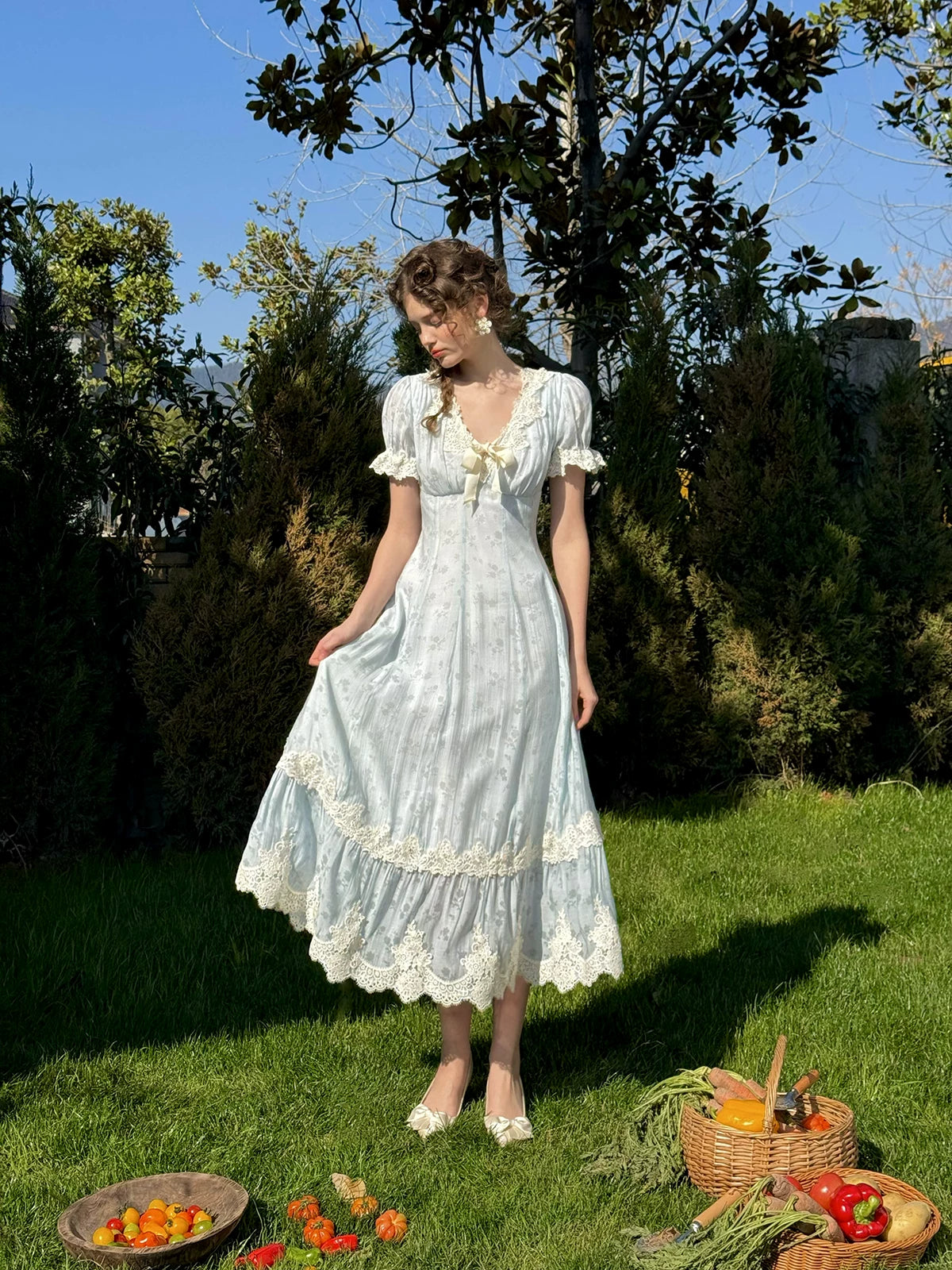 Fresh Baby Blue Lace Short-Sleeve Dress