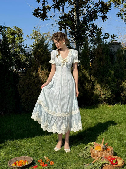 Fresh Baby Blue Lace Short-Sleeve Dress