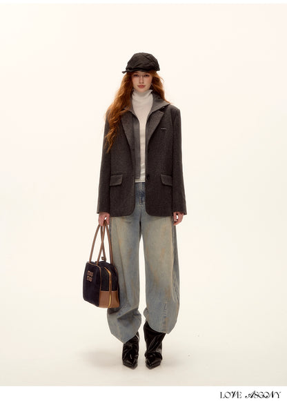 Grey Layered Wool-Blend Hoodie Blazer