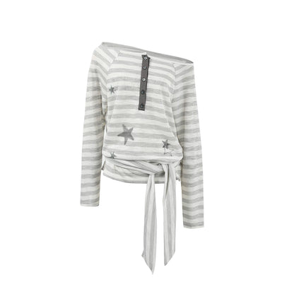 Star Print Off-Shoulder Striped Relaxed Knit Blouse