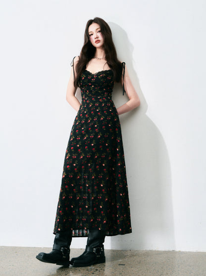 Vintage Floral Tie-Waist A-Line Maxi Dress