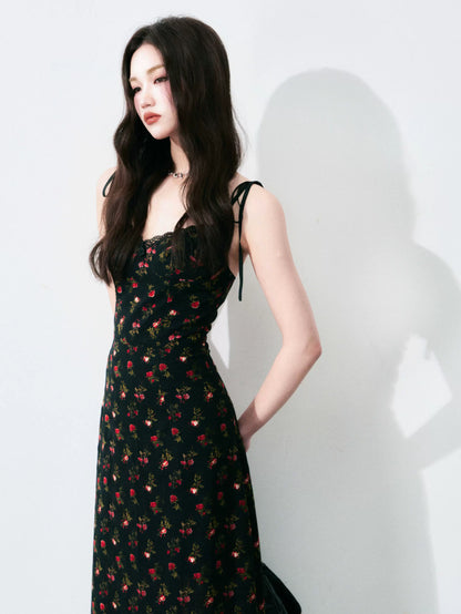 Vintage Floral Tie-Waist A-Line Maxi Dress